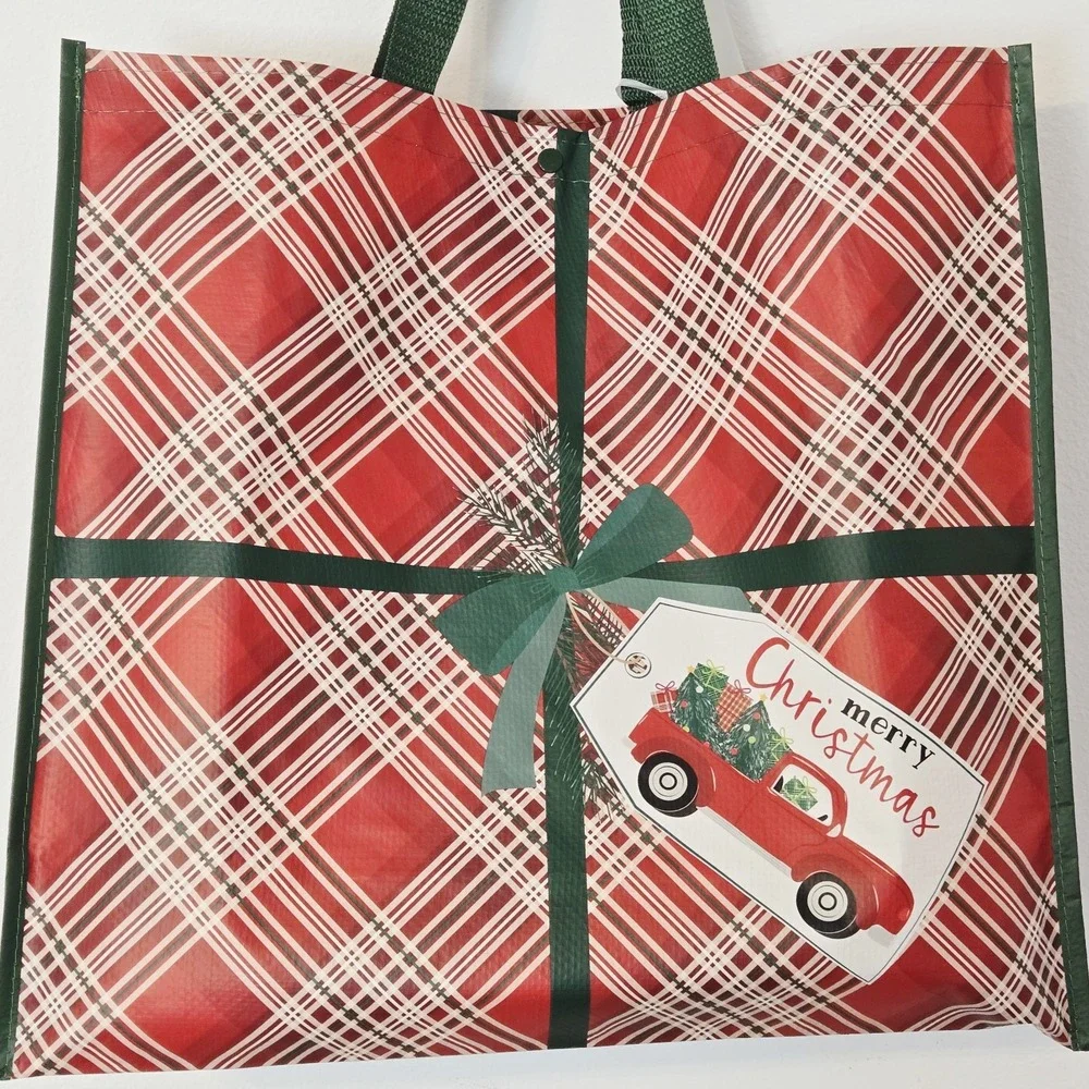 Christmas Tag Plaid Red Truck Presents Tree Gifts Green Bow TJMaxx Tote Bag Gift